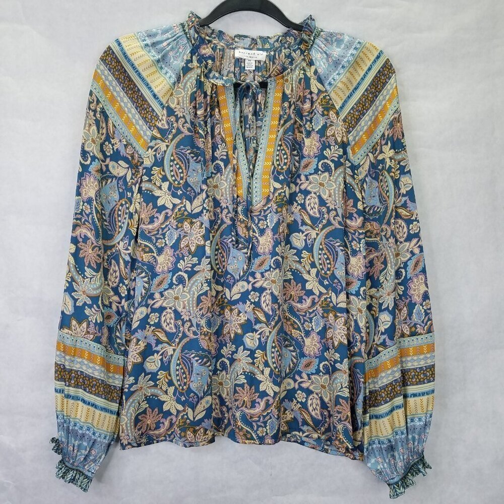 Current Air Blouse Women XS Long Sleeve Boho Paisley Satin Colorful Anthropologi - Picture 8 of 16